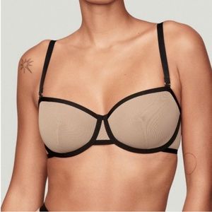 NWOT CUUP unlined mesh Balconette bra and pantie set. Beige with black trim.